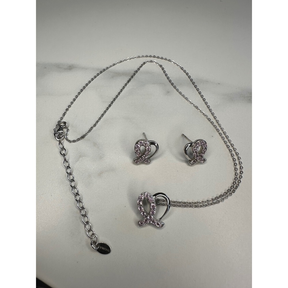 Tocara 925 Sterling Silver Pink Crystal Awareness Ribbon Heart Jewelry Set